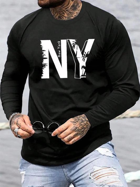 T-Shirt Homme New York NY Manches Longues - 100% Coton Col Rond Ample Grande Taille