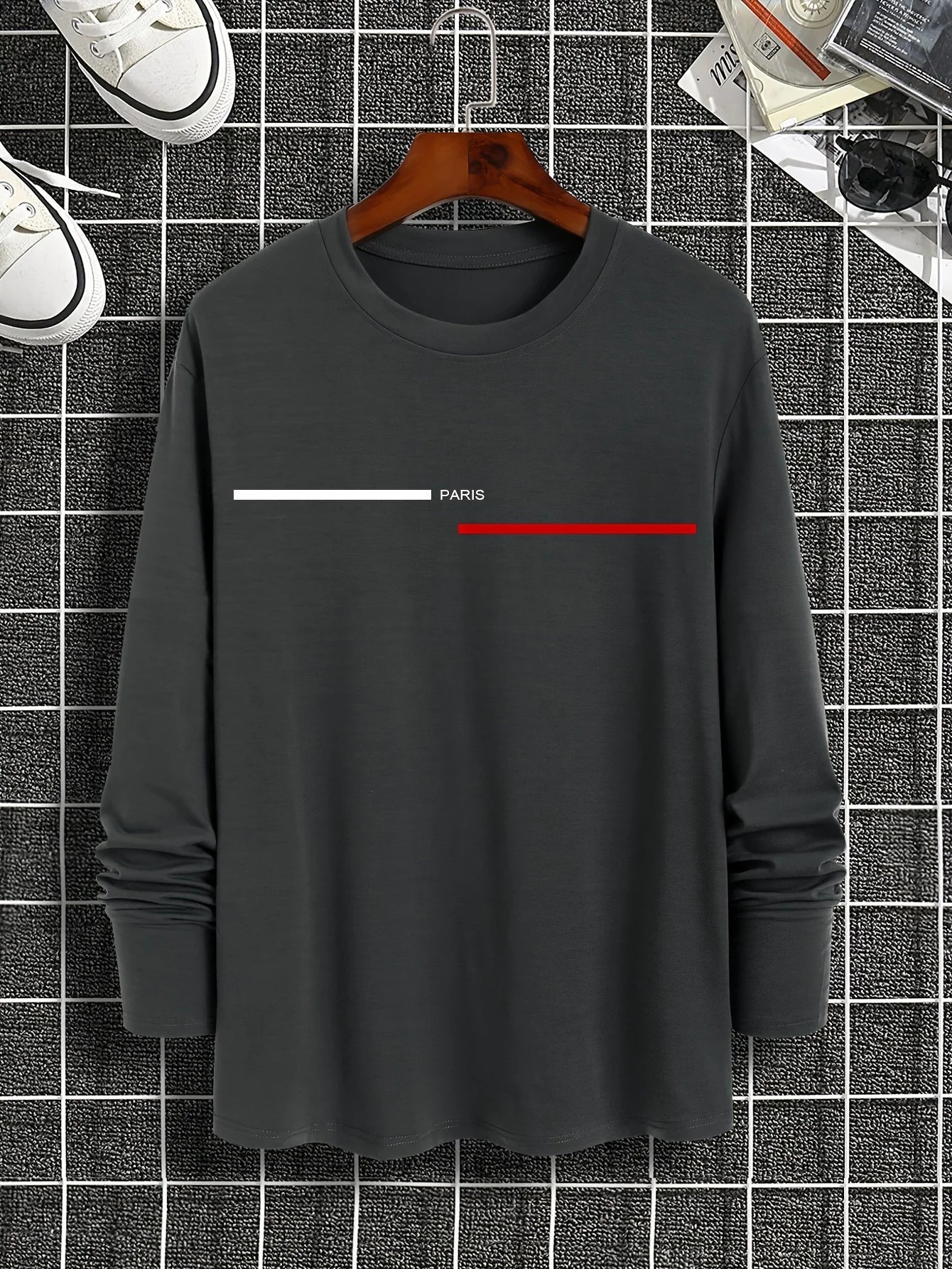 T-Shirt Manches Longues Homme 100% Coton - Col Rond Ample Imprimé Paris Grande Taille