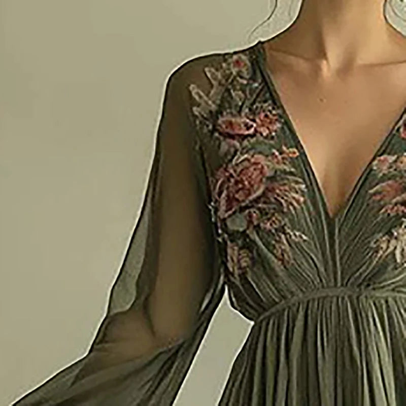 Robe Soirée Femme Floral Boho - Col V Taille Haute Manches Longues Printemps