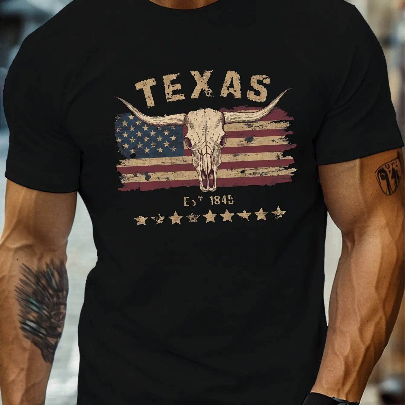 T-Shirt Homme 100% Coton Texas Longhorn - Col Rond Ample Crâne Vache Été