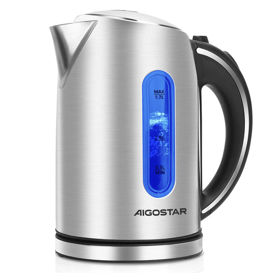 Aigostar King - Bouilloire électrique en acier inoxydable, bouilloire électrique avec éclairage LED, 1,7 L, 2200 W, bouilloire électrique sans BPA, Remo
