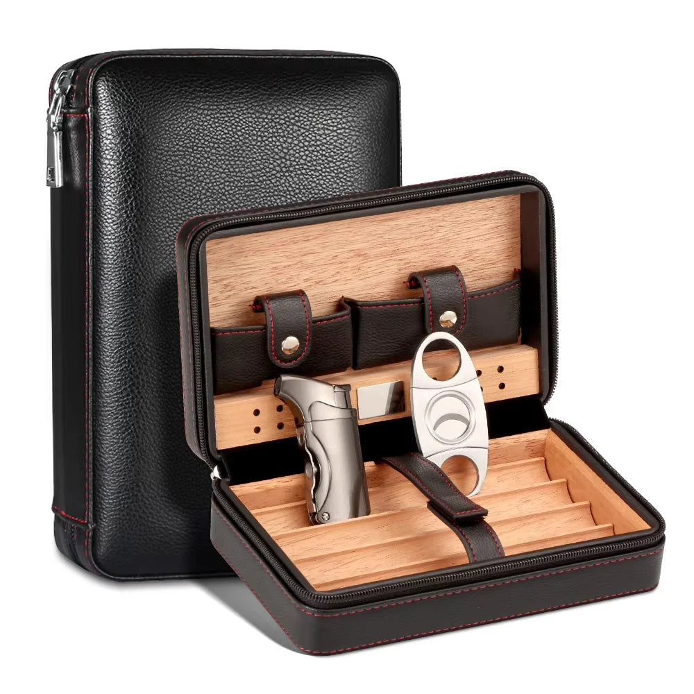 Boîte Cigares Portable Cuir Bois Cèdre - Étui Voyage avec Coupe Briquet