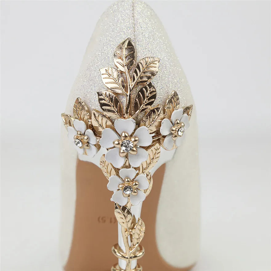 Escarpins Paillettes Blancs Fleurs Métal - Talons Hauts Luxe Mariage Automne
