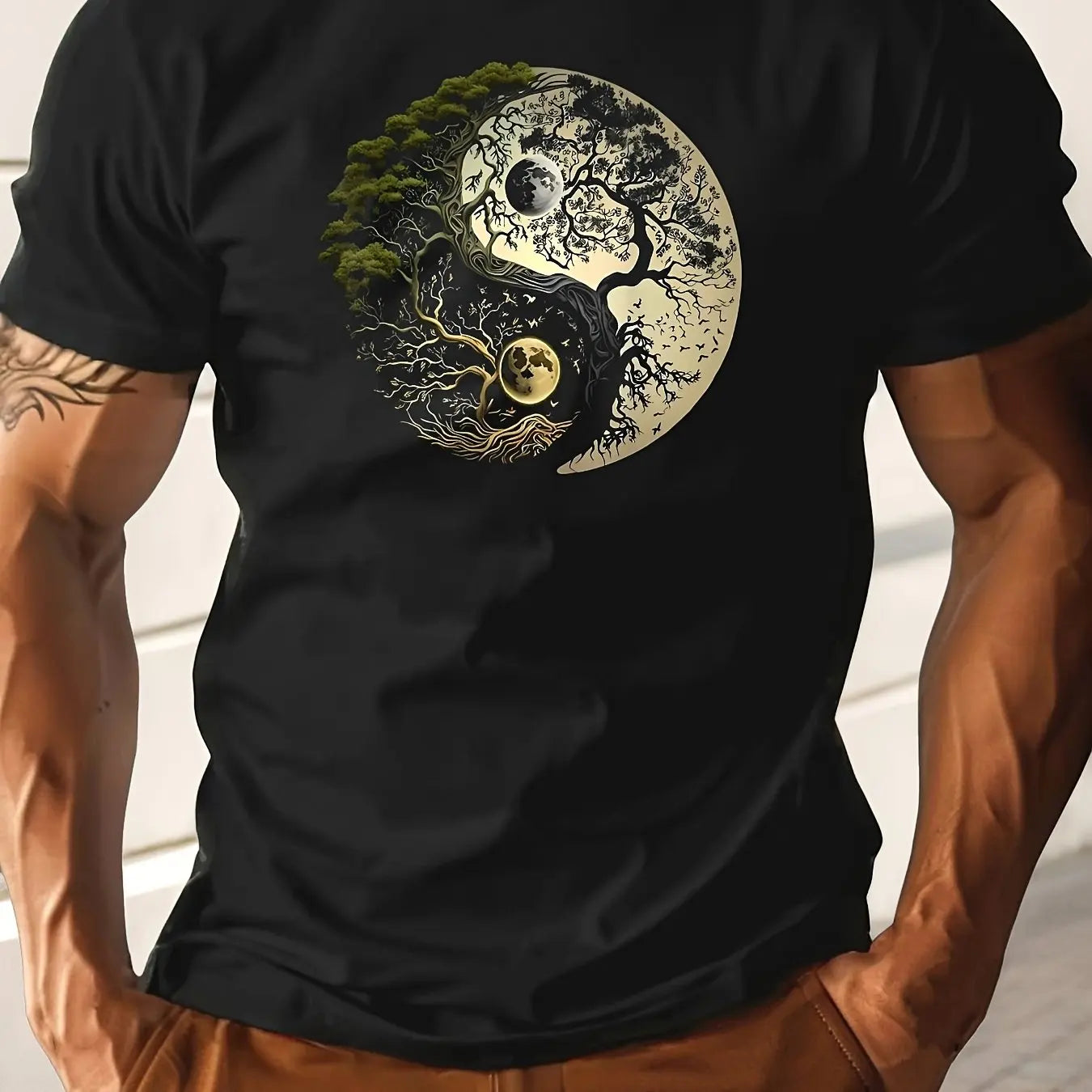 T-Shirt Homme 100% Coton Yin-Yang - Col Rond Ample Sport Décontracté Été