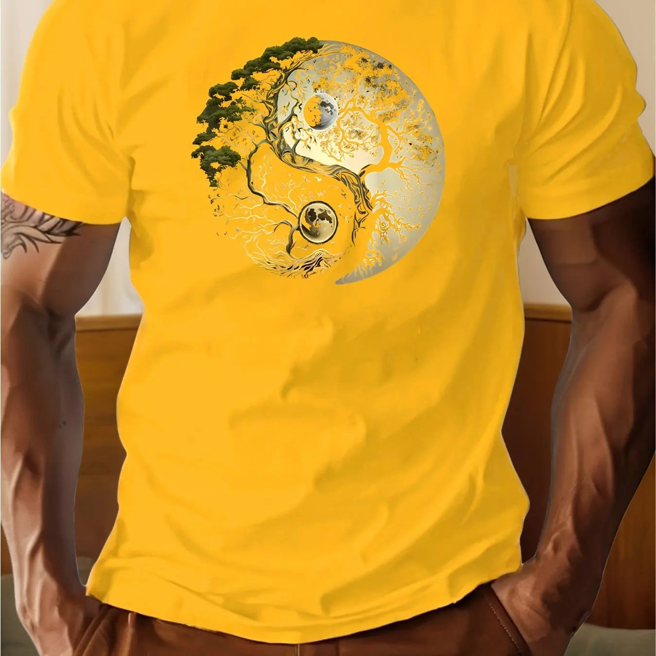 T-Shirt Homme 100% Coton Yin-Yang - Col Rond Ample Sport Décontracté Été