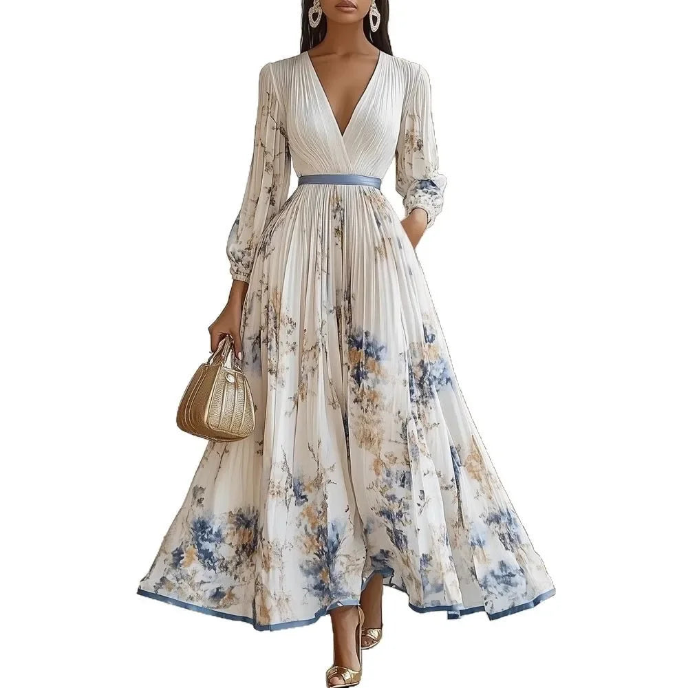 Robe Boho Licou Floral - Maxi Sans Manches Plissée Vacances Été