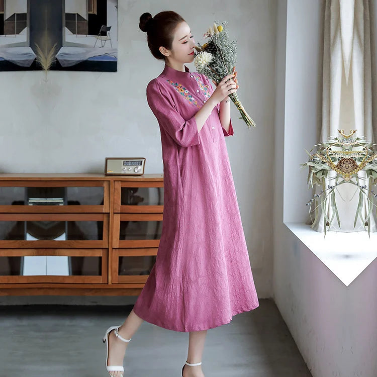 Robe Trapèze Lin Coton Brodée Vintage - Été Décontractée Ethnique Demi-Manches