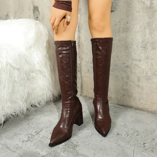 Dames bottes mode couleur unie en cuir verni pointu pied combattant gothique talons hauts luxe femmes bottes d'hiver 2025 nouveau