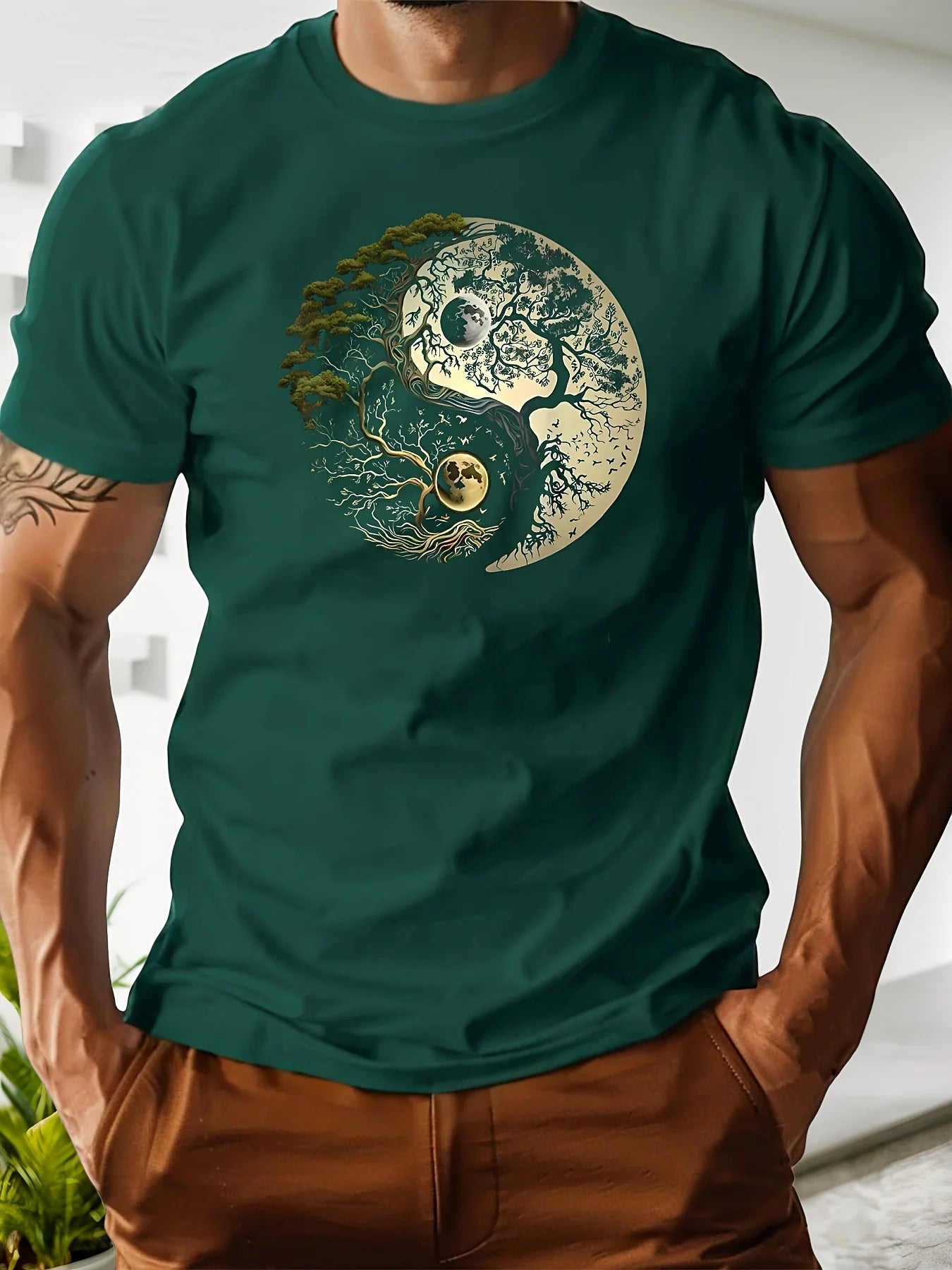 T-Shirt Homme 100% Coton Yin-Yang - Col Rond Ample Sport Décontracté Été