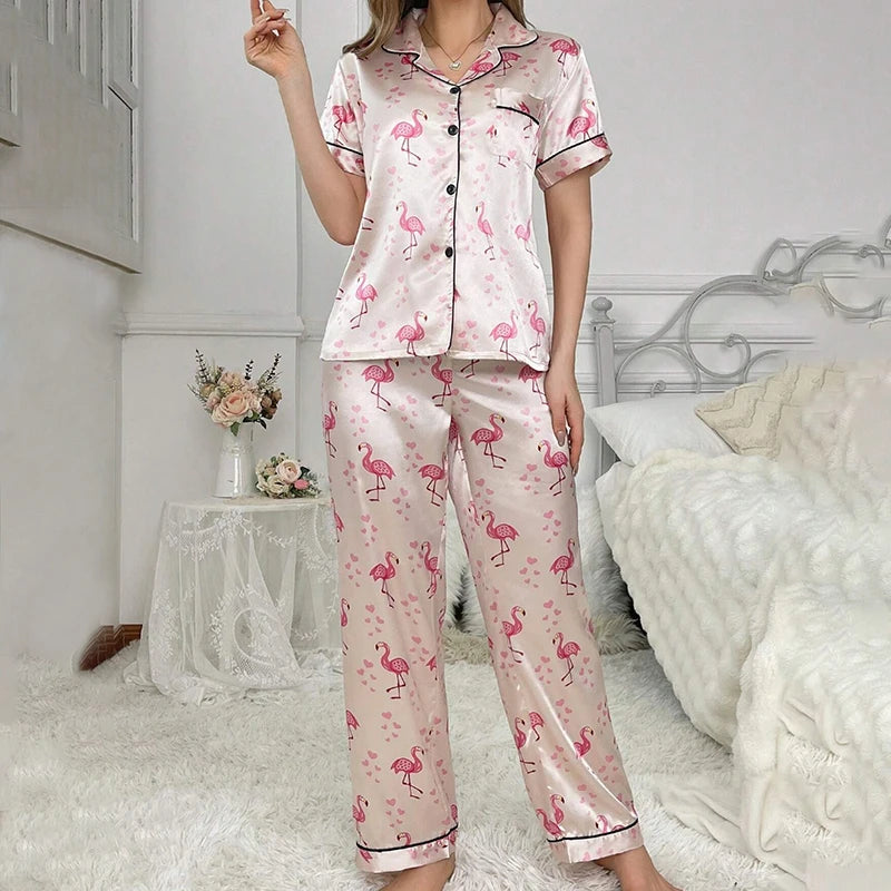 Pyjama Satin Femme Manches Courtes - Ensemble Nuit Boutonné Col Revers Élégant