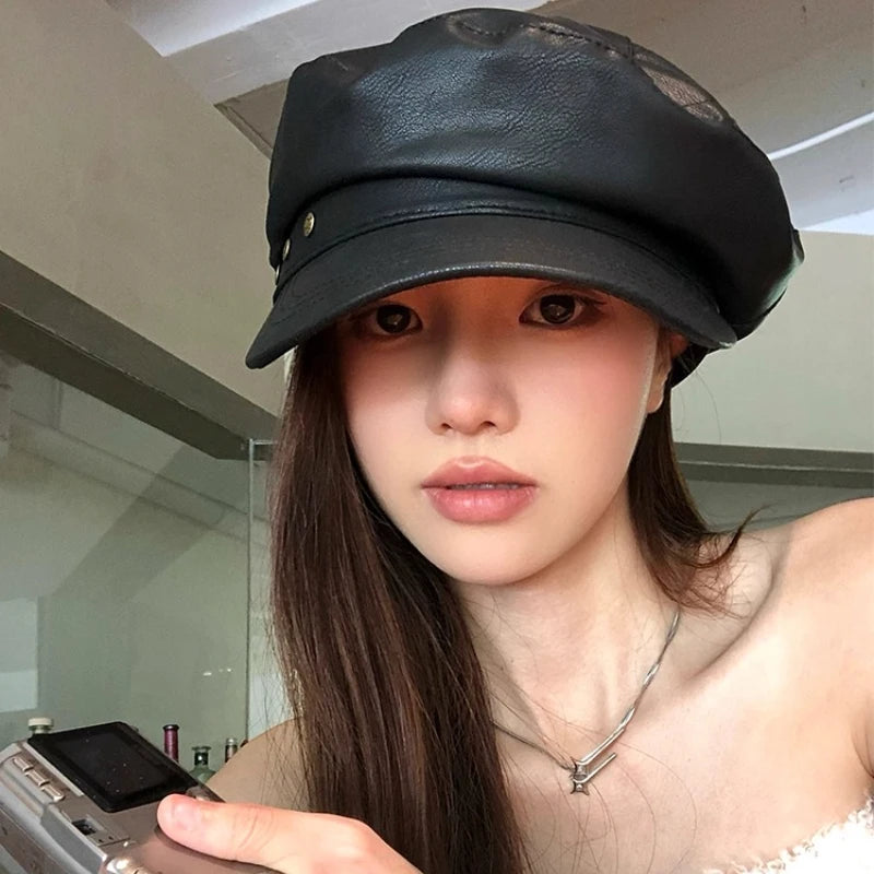 Béret Gavroche Noir PU Rétro Femme - Casquette Octogonale Automne Hiver