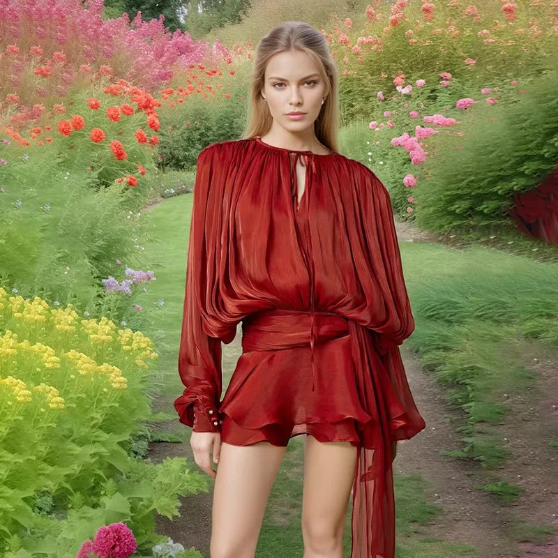 Chemises tendance pour femmes, mini robe élégante en dentelle, col en v, manches longues bouffantes, coupe courte, lacets en dentelle, robe douce, mode féminine