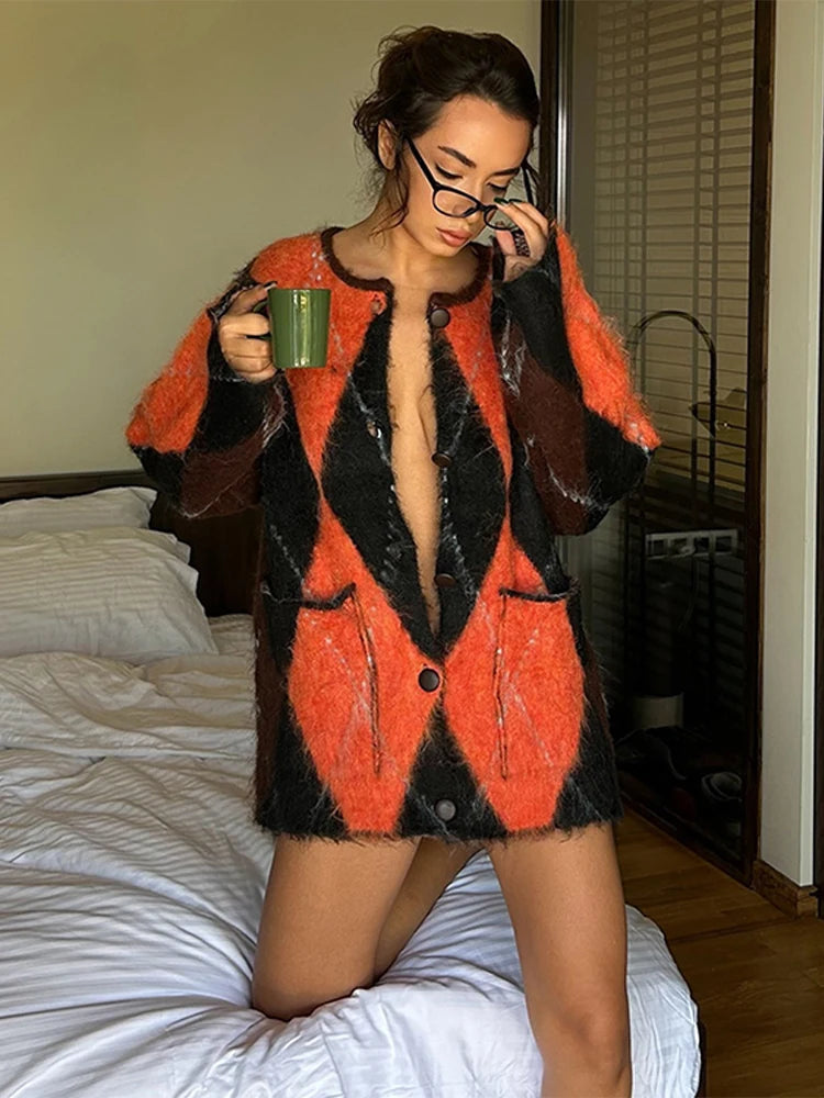 Pull Mohair Carreaux Femme - Cardigan Col Rond Manches Longues Boutonnage Automne