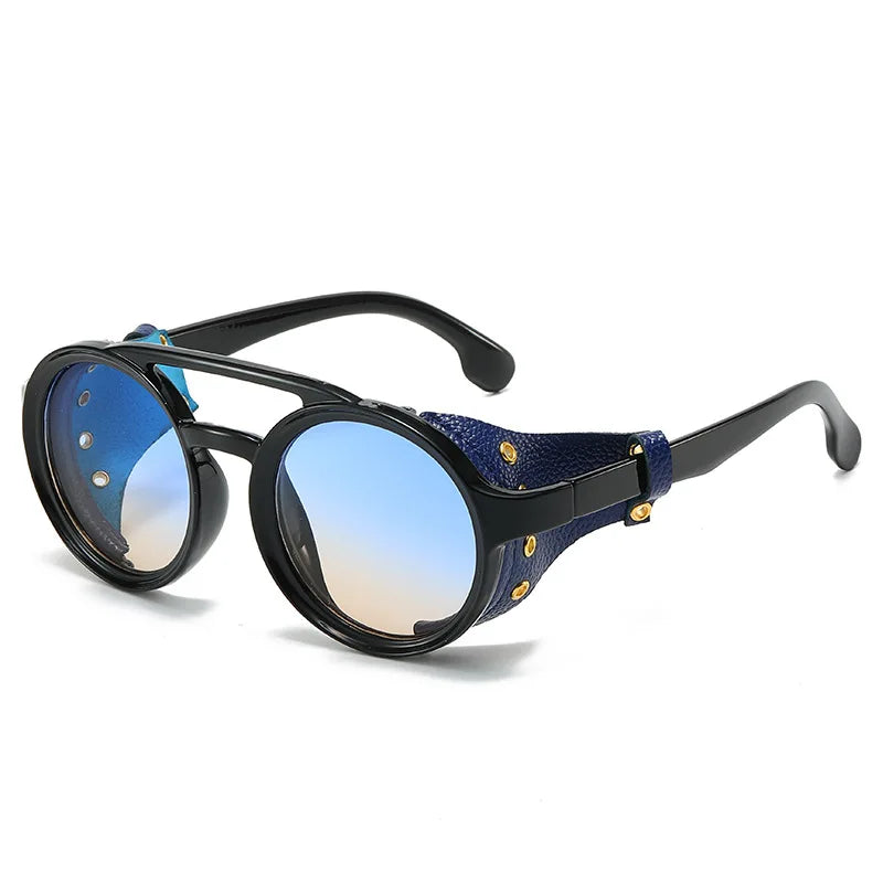 Lunettes Soleil Rétro Rondes Cuir - Protection UV400 Anti-Vent Unisexe