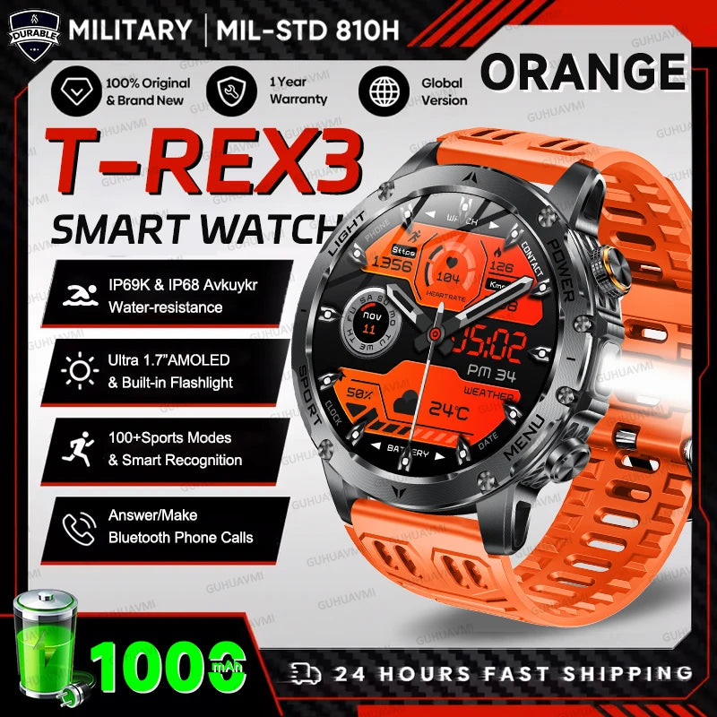 2025 extérieur nouveau 1000mAh batterie t-rex 3 qualité militaire montre intelligente hommes IP69K étanche GPS HD Bluetooth appel 100 + montre de sport