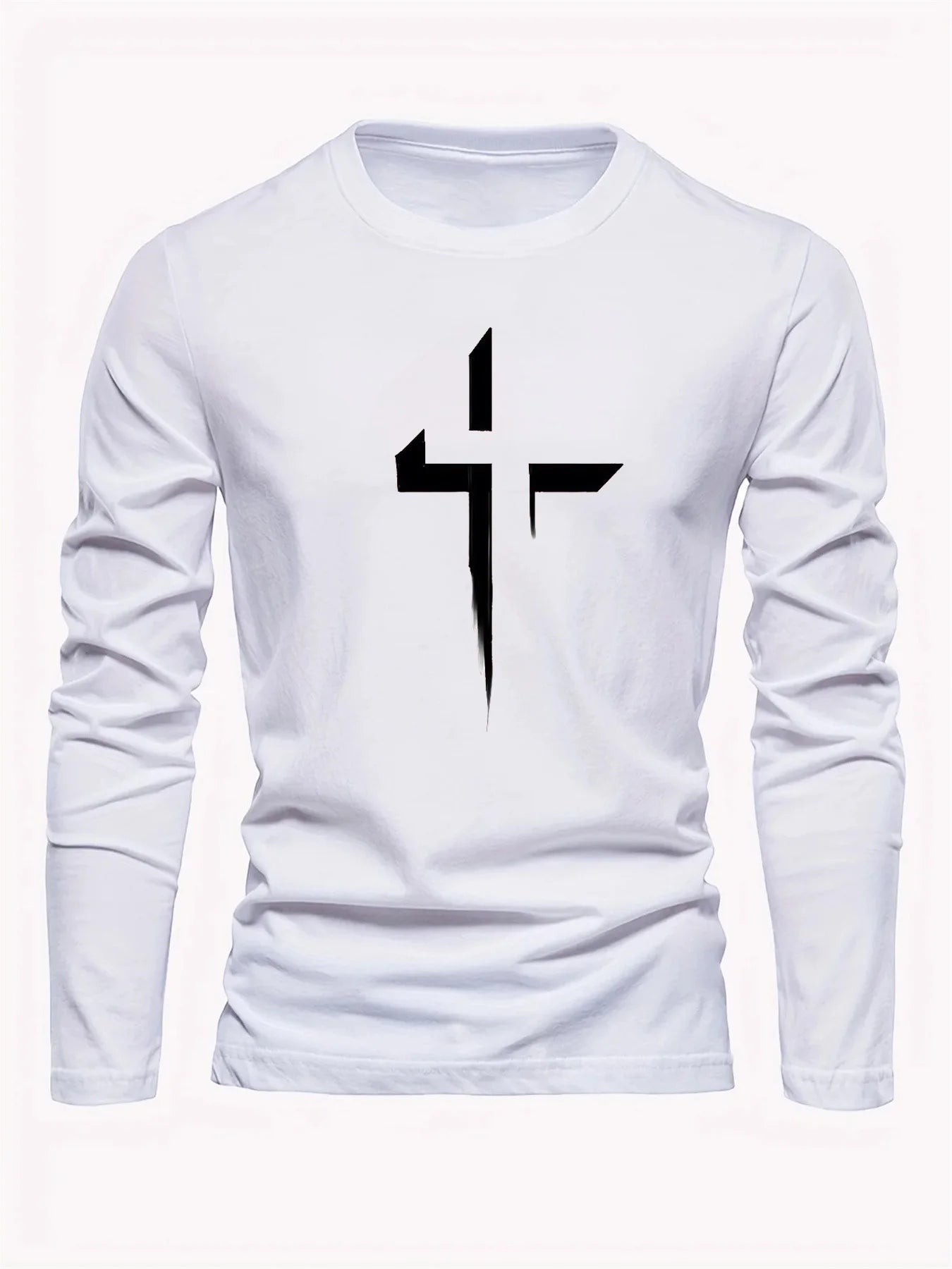 T-Shirt Manches Longues Homme 100% Coton - Col Rond Ample Imprimé Croisé Sport Décontracté