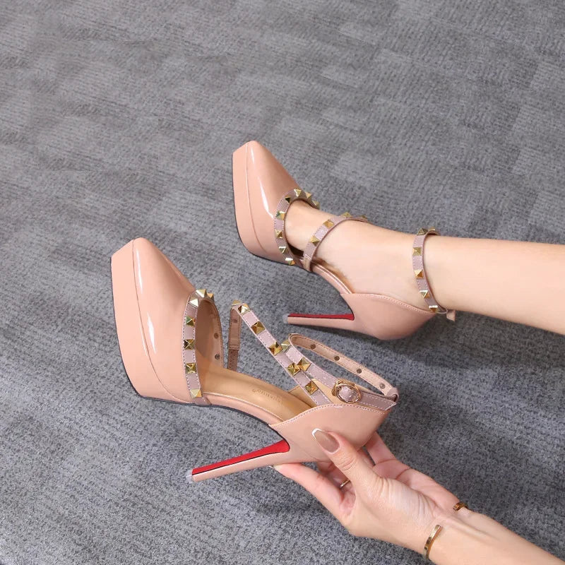 Sandales Plateforme Cuir Laqué Femme - Talons Hauts 10-12cm Luxe Rivets