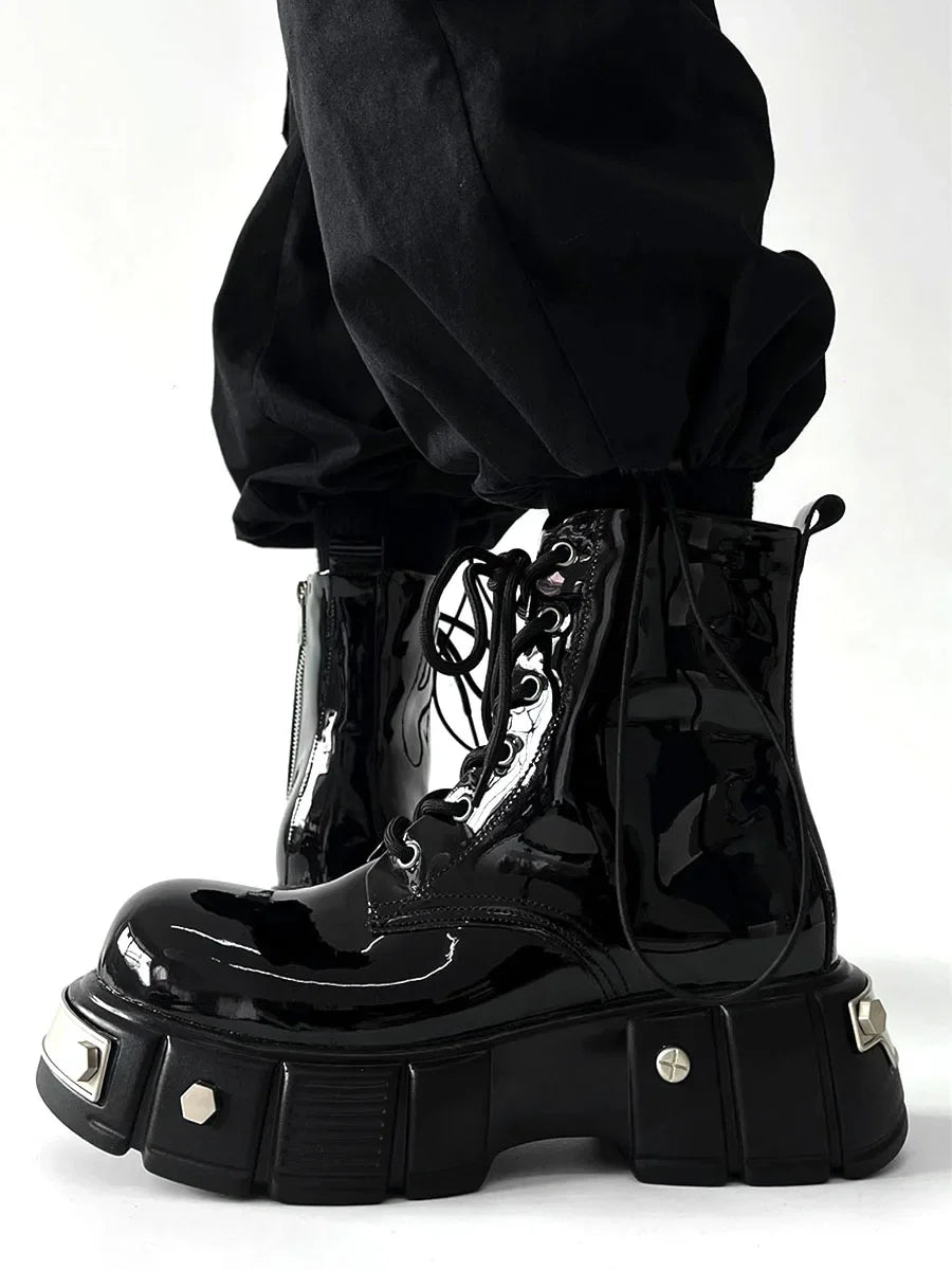 Bottes Moto Cuir Verni Noir Rivets Métal - Plateforme Punk Fermeture Éclair