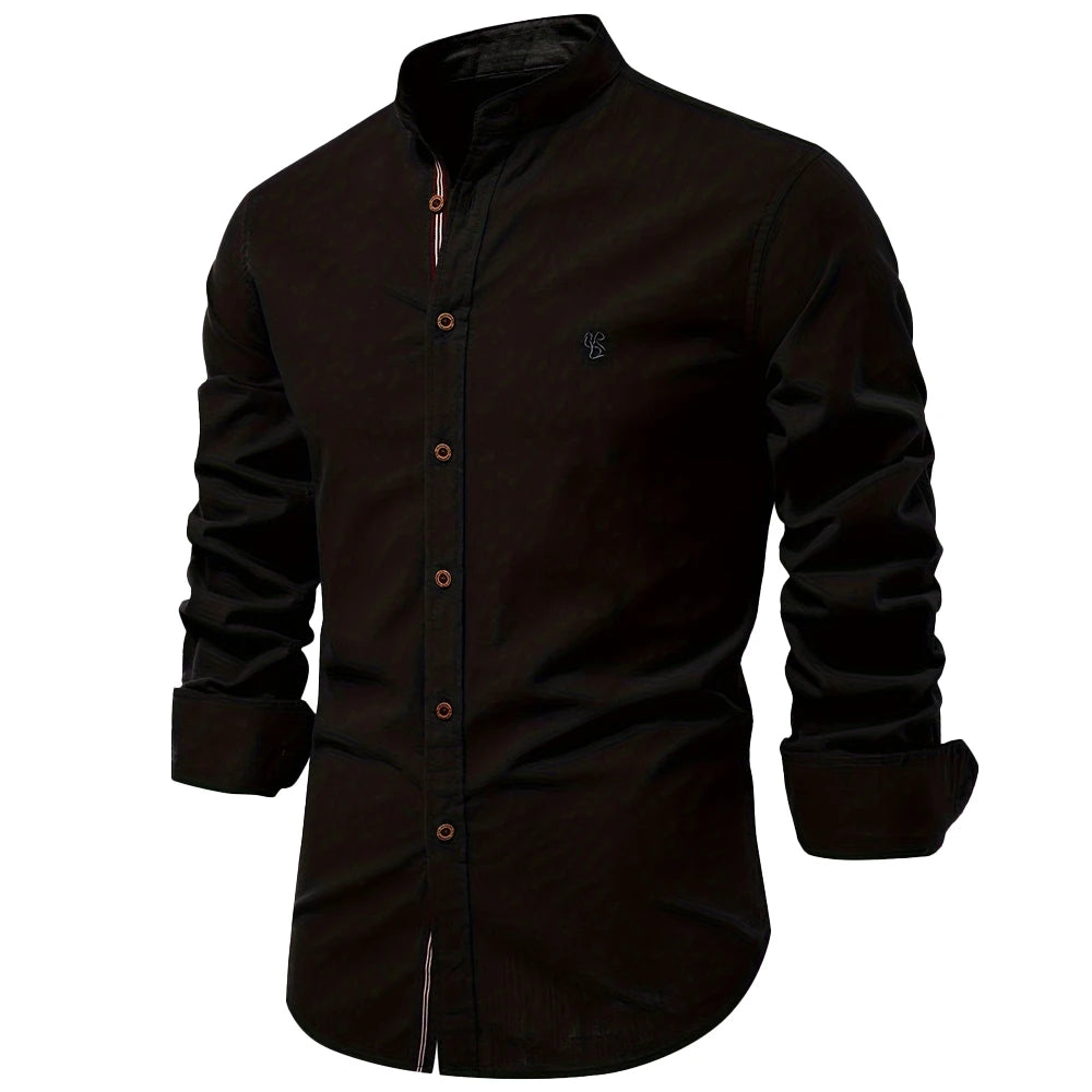 Chemise Homme 100% Coton AIOPESON - Couleur Unie Manches Longues Col Stand Décontracté Qualité