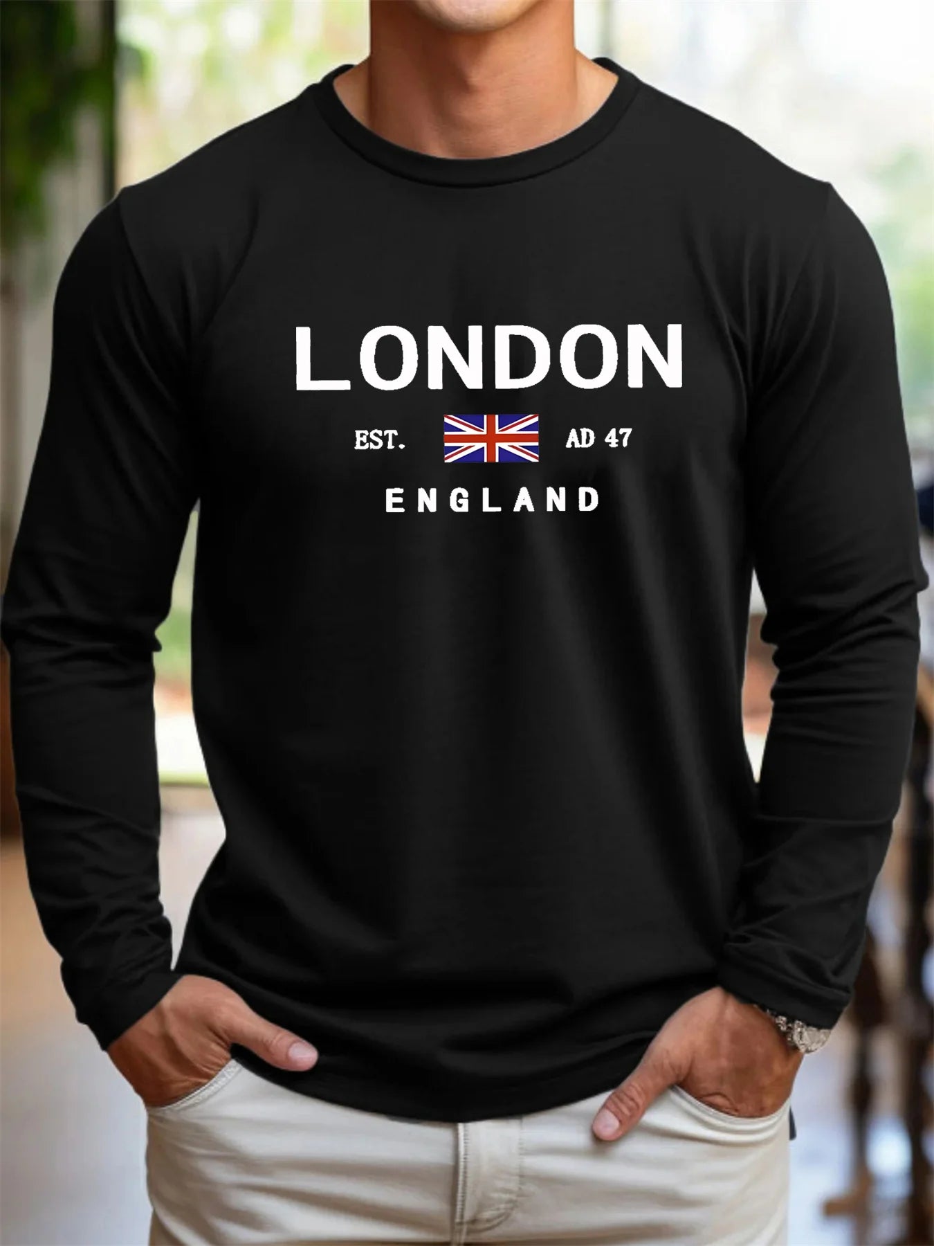 T-Shirt Manches Longues Homme 100% Coton - Col Rond Ample Imprimé Londres Sport Décontracté