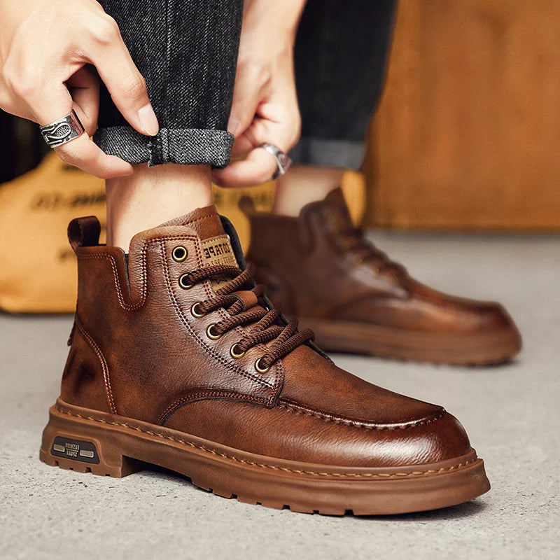 Bottes de moto d'hiver homme rétro marron bottes confortables en cuir bottines hommes haut Biker chaussures hommes botines para hombre