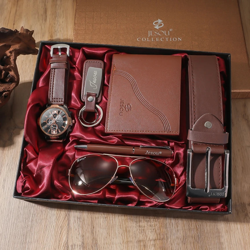 Ensemble Cadeau 6-en-1 Homme Luxe - Montre Lunettes Stylo Ceinture Porte-Clés