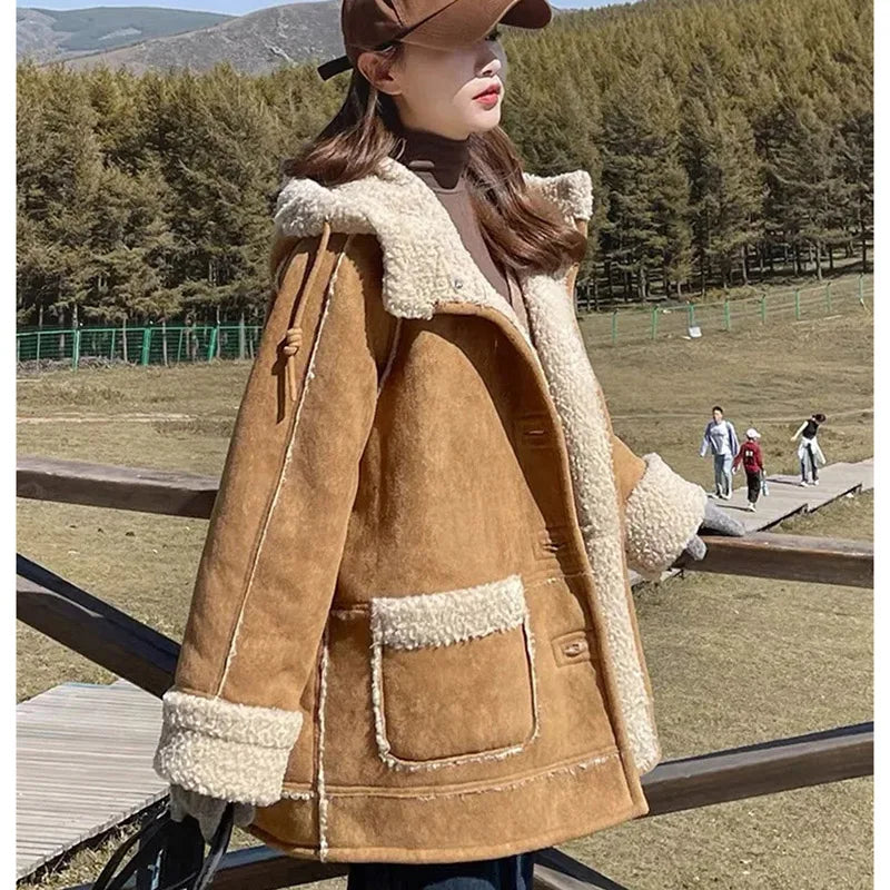 Veste Hiver Femme Daim Velours Laine d'Agneau - Capuche Fourrure Cuir Manteau