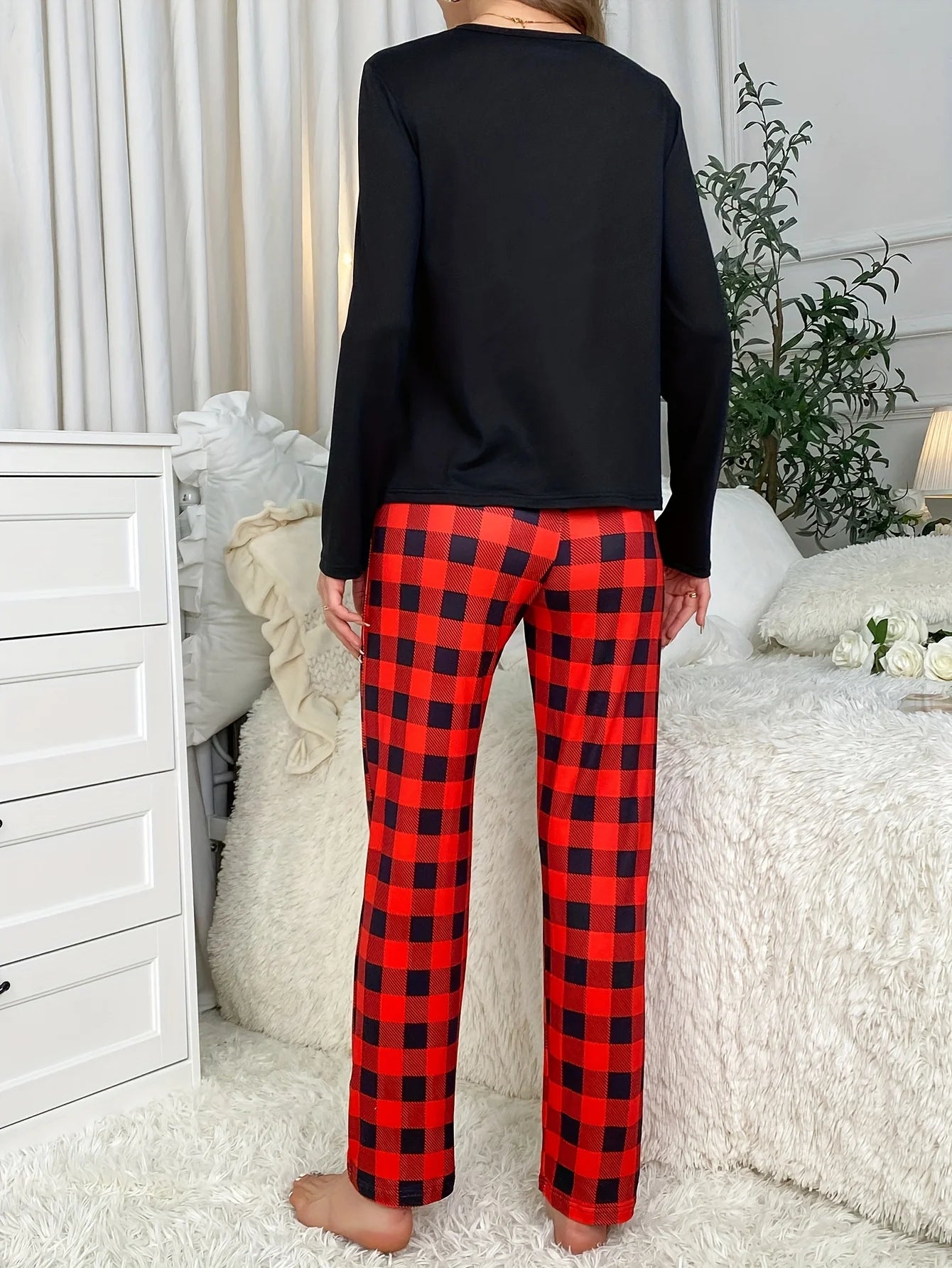 Pyjama Femme 2 Pièces Noir Rouge - Haut Manches Longues Pantalon Rayé Décontracté