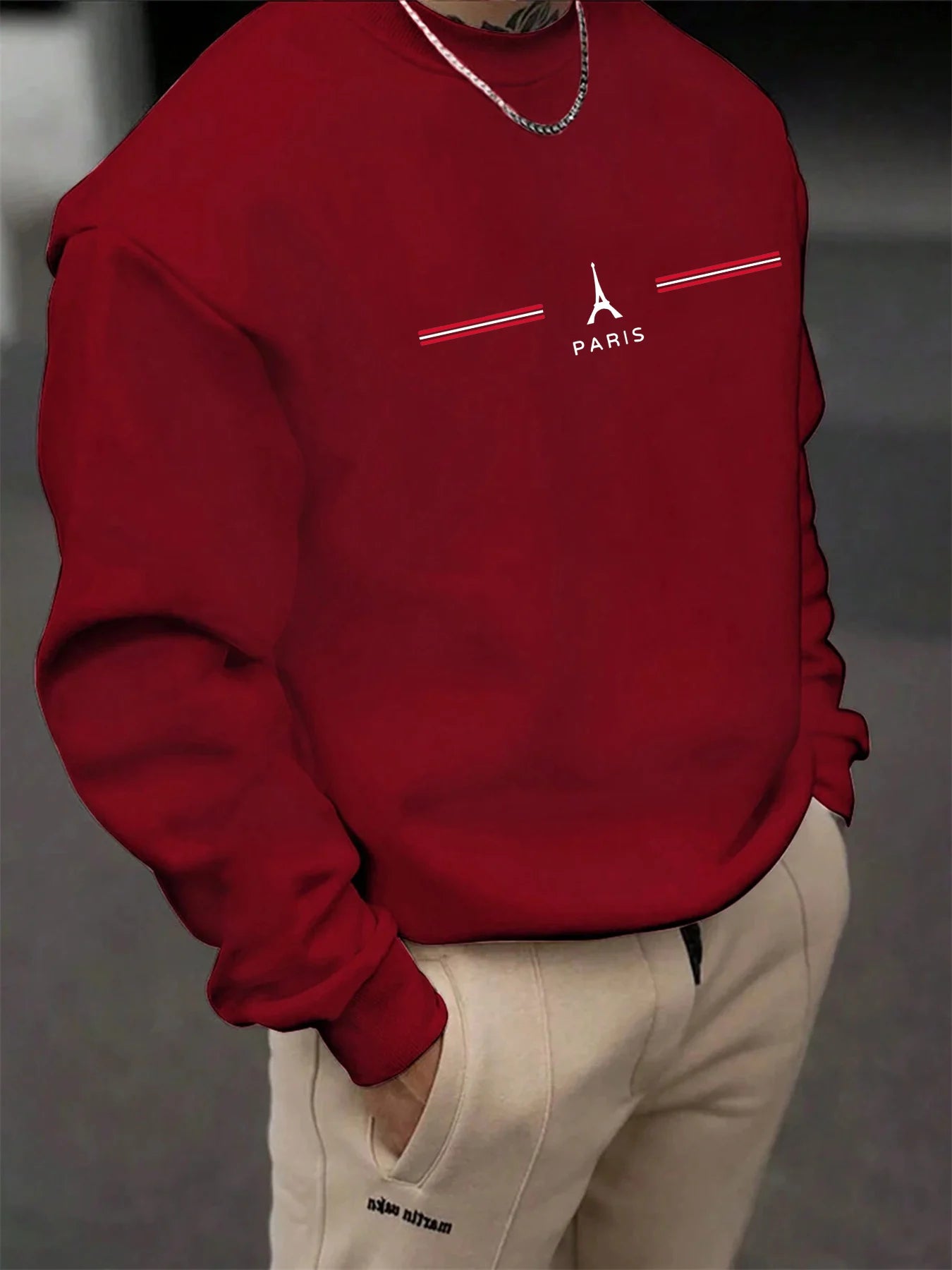 Sweat Col Rond Homme Paris - Manches Longues Ample Décontracté Automne Hiver