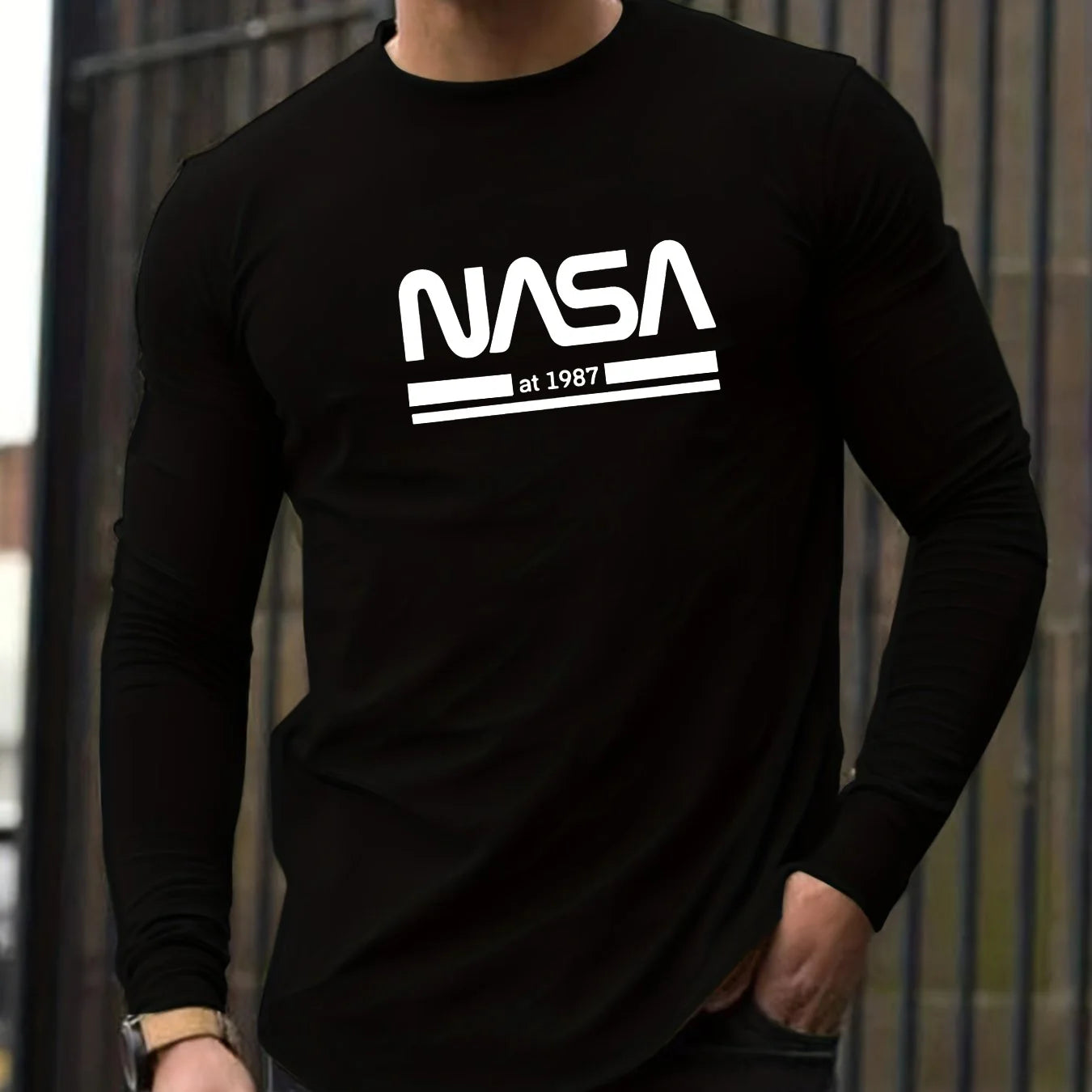 T-Shirt Homme NASA Manches Longues - 100% Coton Col Rond Ample Décontracté