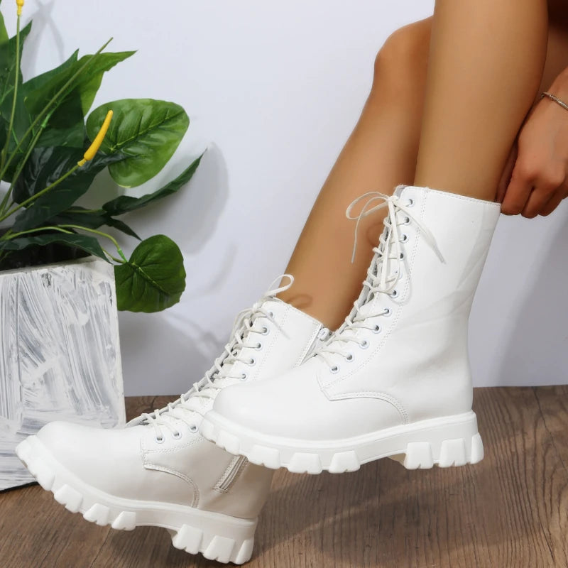 Bottes à plateforme en cuir PU pour femmes, bottes de rinçage blanches, bottes de moto pour femmes, talons épais, automne, hiver, 2022