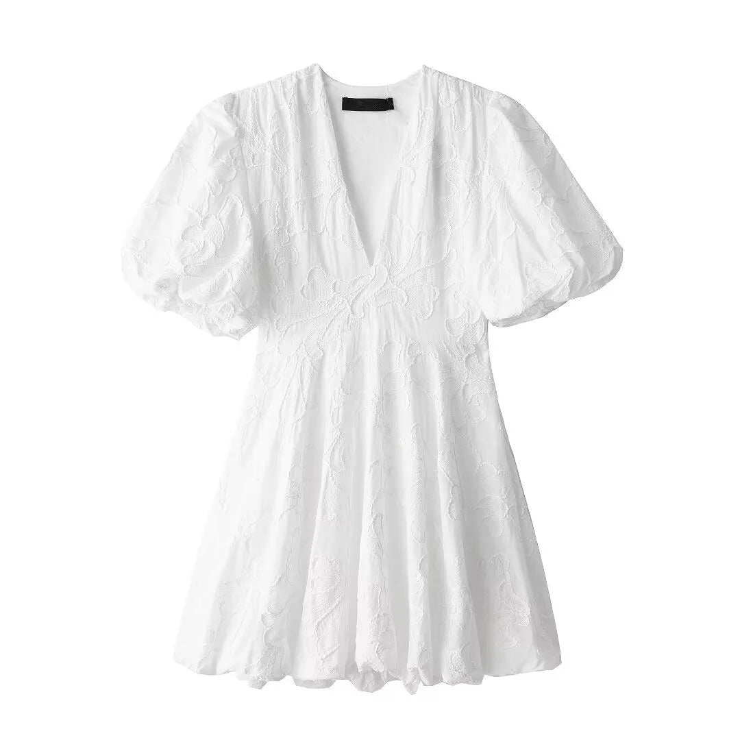 Mini Robe Brodée Blanche Col V - Manches Bouffantes Streetwear Été