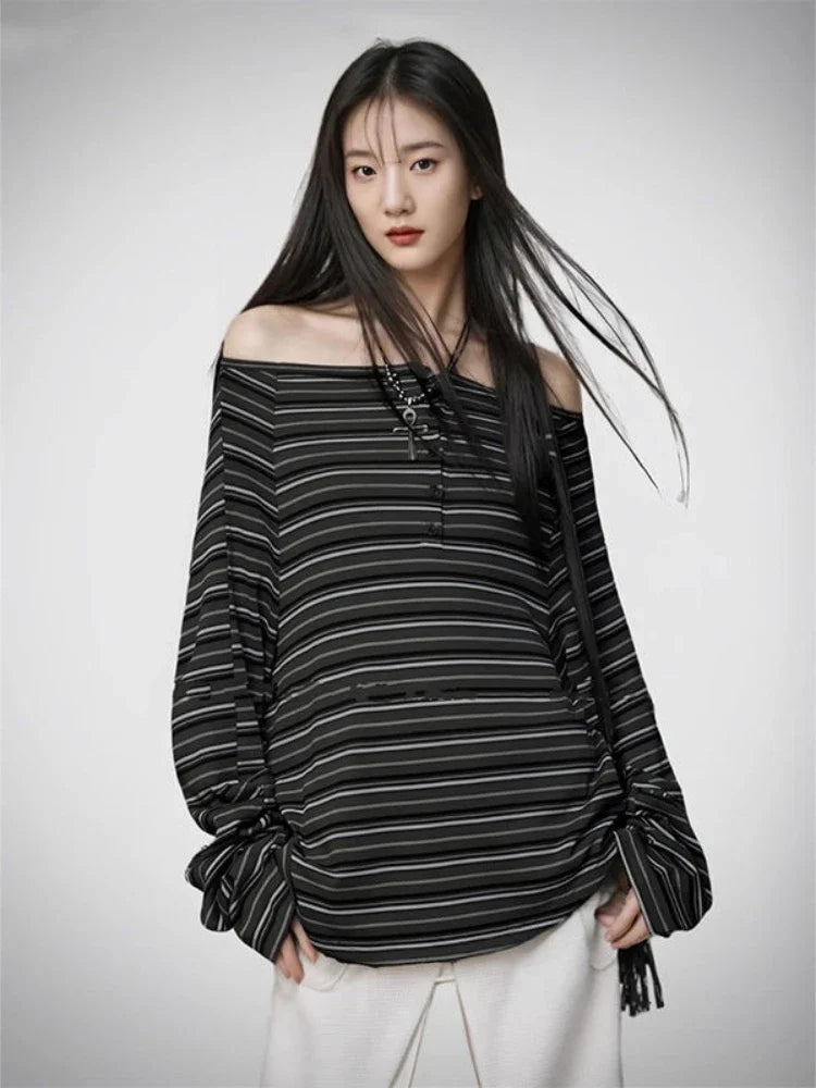 T-Shirt Femme Rétro Américain - Manches Longues Rayé