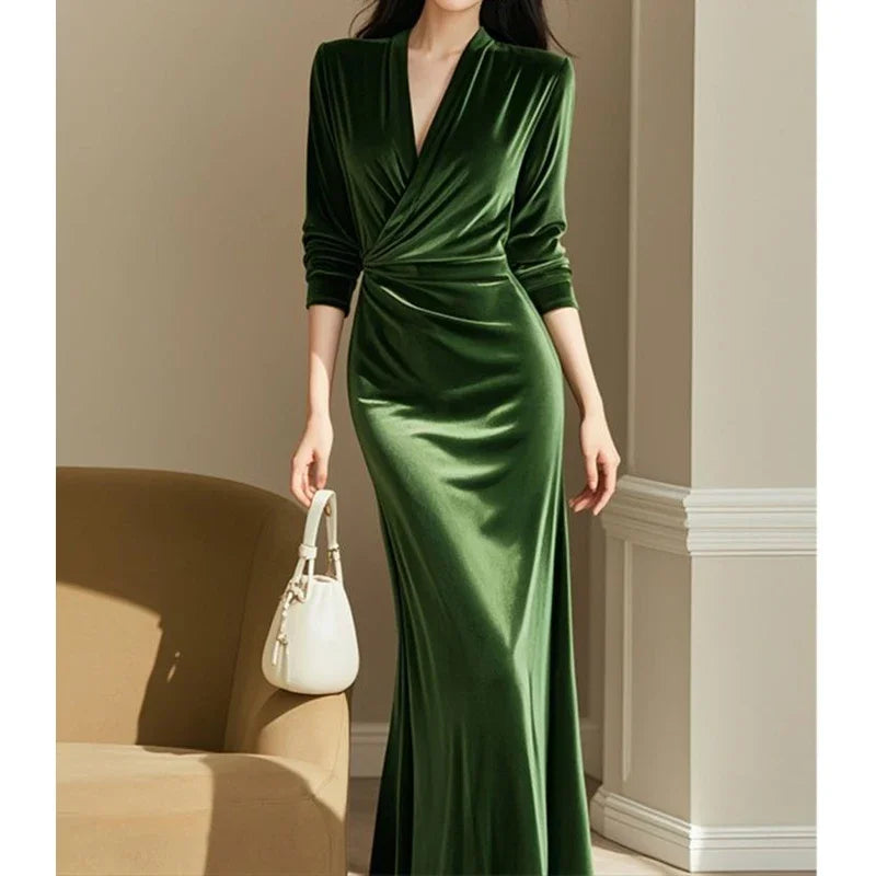 Robe Femme Verte Col V Vintage - Manches Longues Slim Printemps Automne