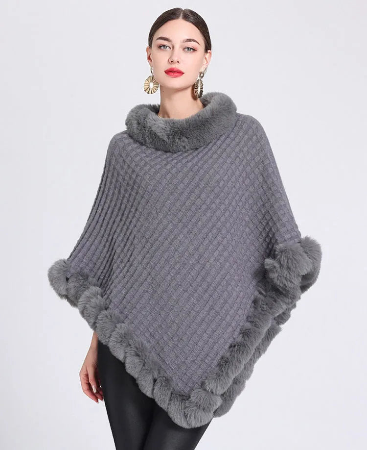 Cape Poncho Fausse Fourrure Femme - Pull Plaid Rayures Tricot Automne Hiver