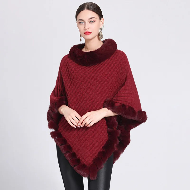 Cape Poncho Fausse Fourrure Femme - Pull Plaid Rayures Tricot Automne Hiver