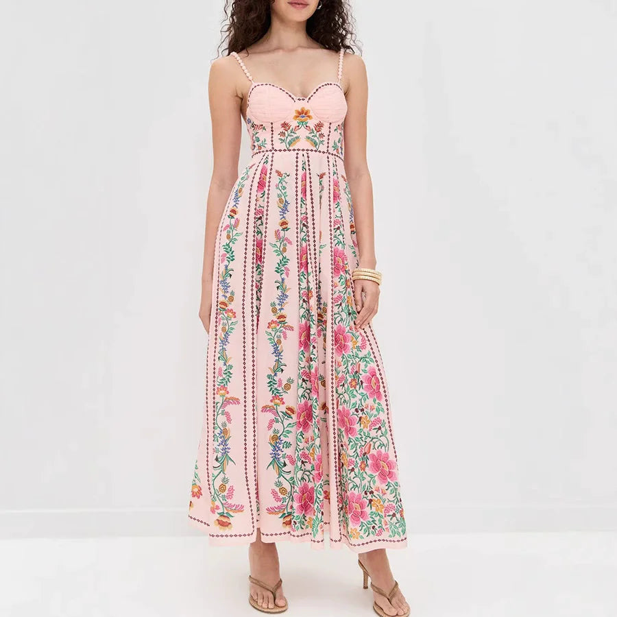 Robe Lin Floral Dos Nu - Longue Taille Haute Banquet Vacances Été