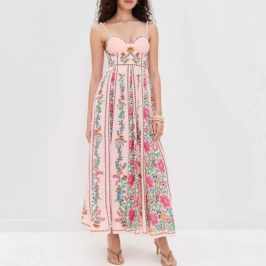 Robe Lin Floral Dos Nu - Longue Taille Haute Banquet Vacances Été