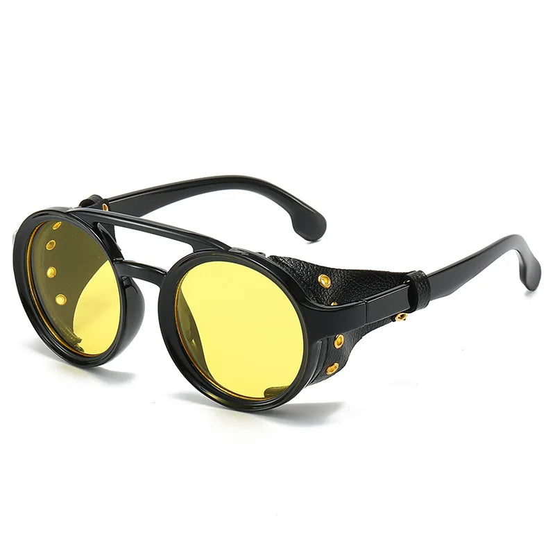 Lunettes Soleil Rétro Rondes Cuir - Protection UV400 Anti-Vent Unisexe