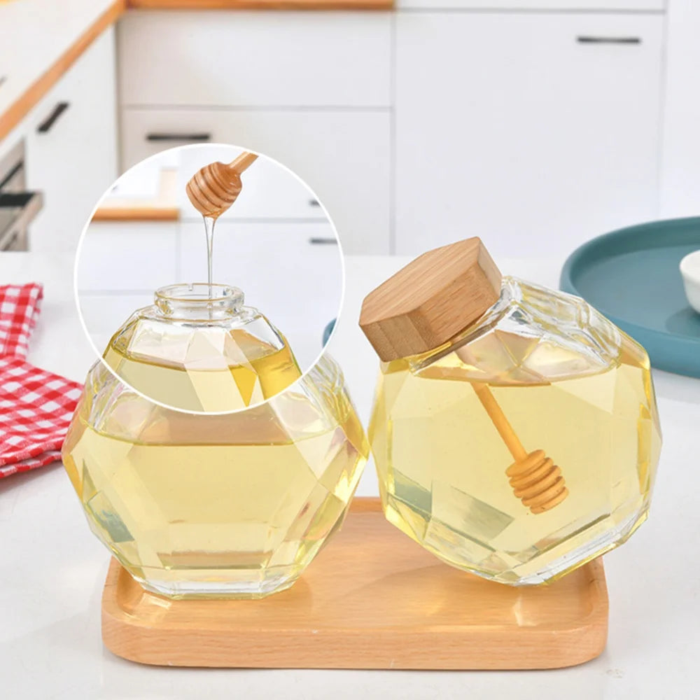 Pot Miel Verre Hexagonal 200ml 380ml - Cuillère Bois Rangement Cuisine