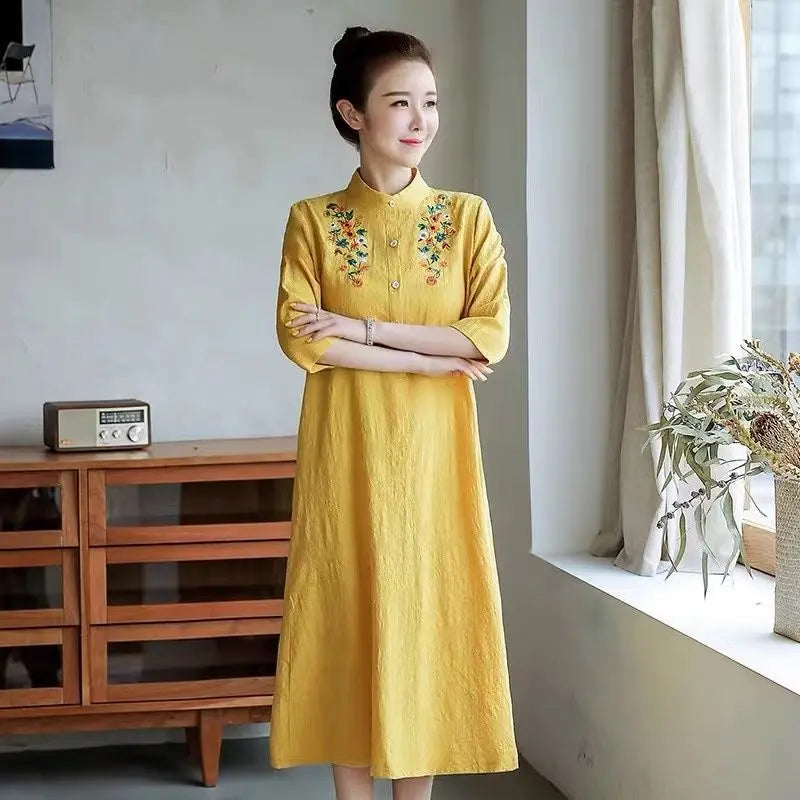 Robe Trapèze Lin Coton Brodée Vintage - Été Décontractée Ethnique Demi-Manches