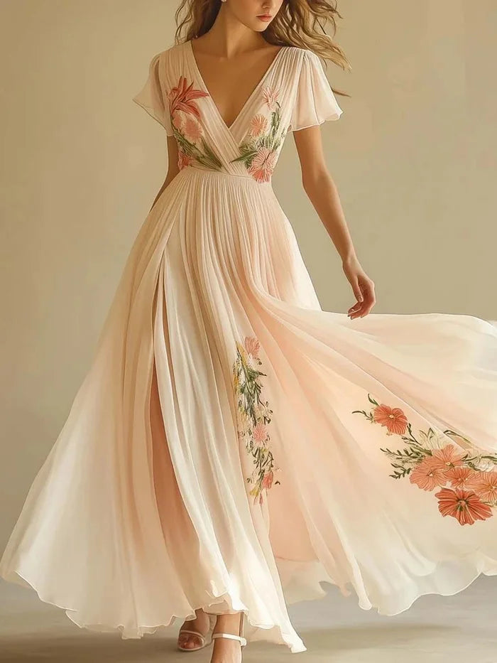 Robe Été Femme Floral Boho - Col V Taille Haute Manches Courtes Vacances