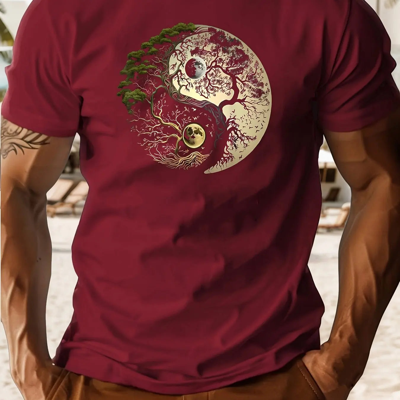 T-Shirt Homme 100% Coton Yin-Yang - Col Rond Ample Sport Décontracté Été