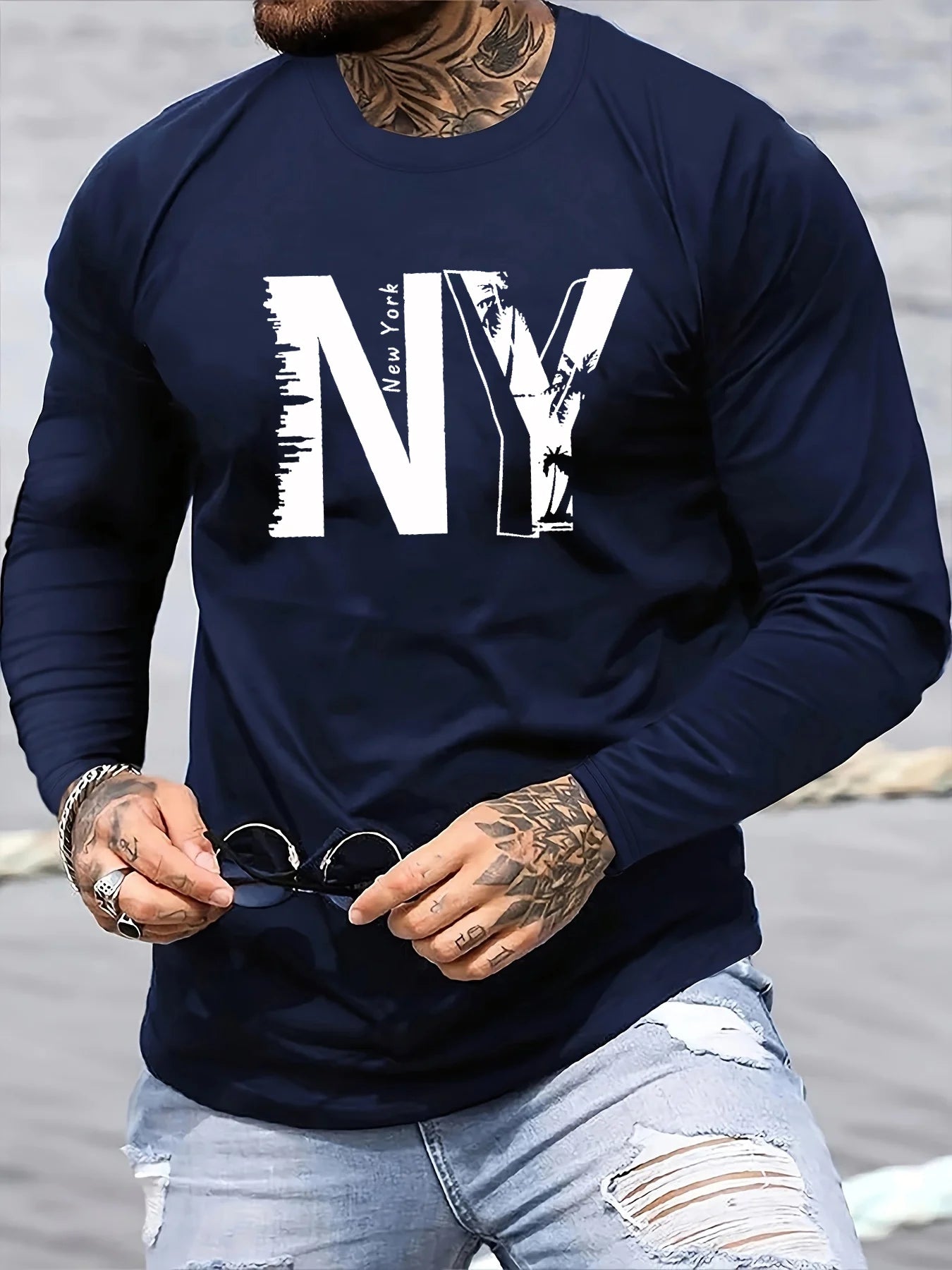 T-Shirt Homme New York NY Manches Longues - 100% Coton Col Rond Ample Grande Taille