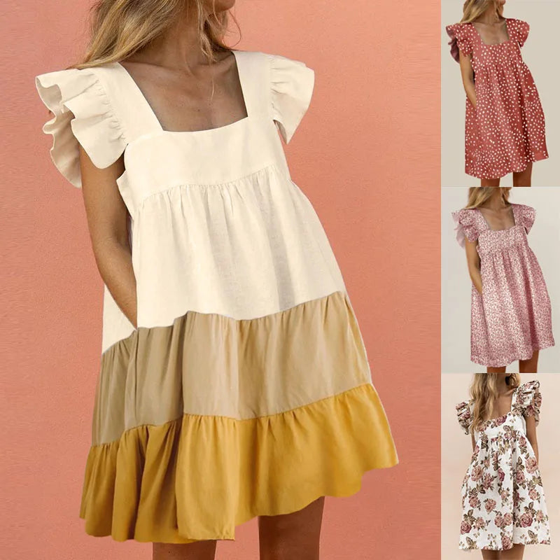 Robe d'Été Douce Col Carré - Manches Bouffantes Poche Ample