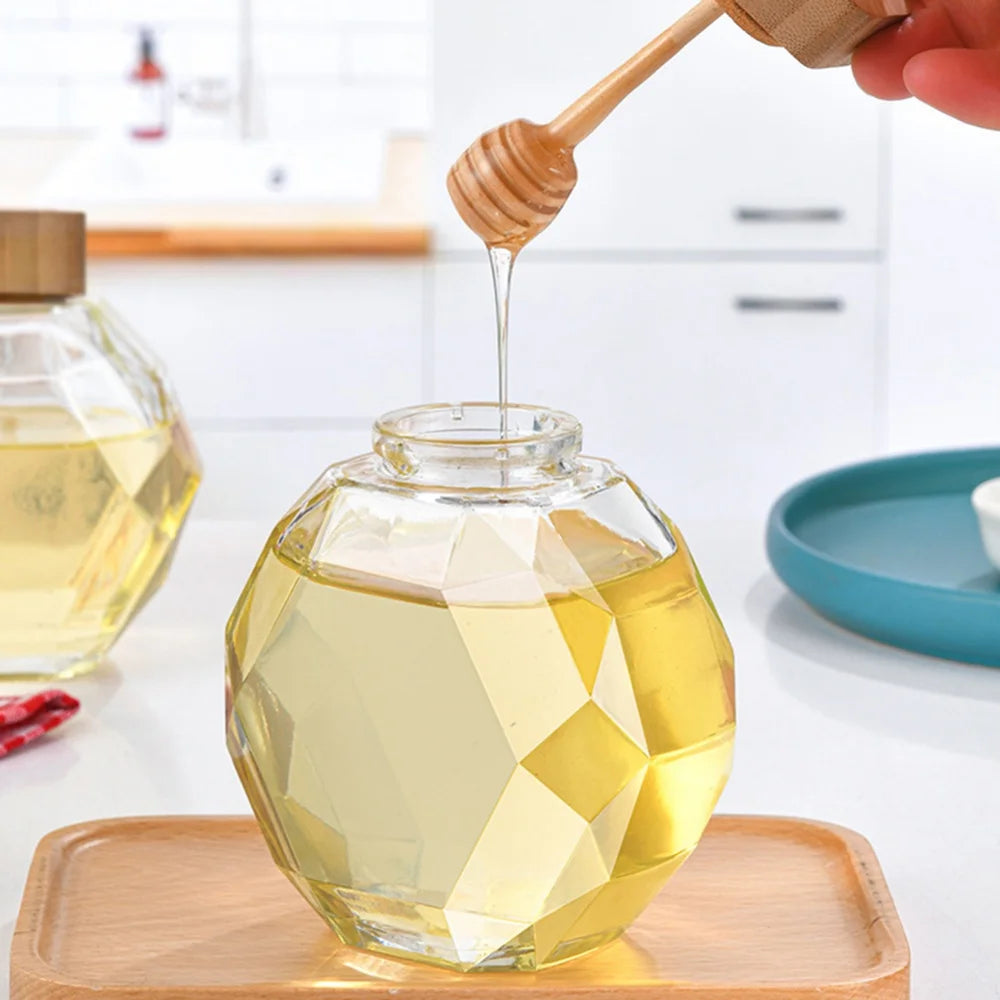 Pot Miel Verre Hexagonal 200ml 380ml - Cuillère Bois Rangement Cuisine