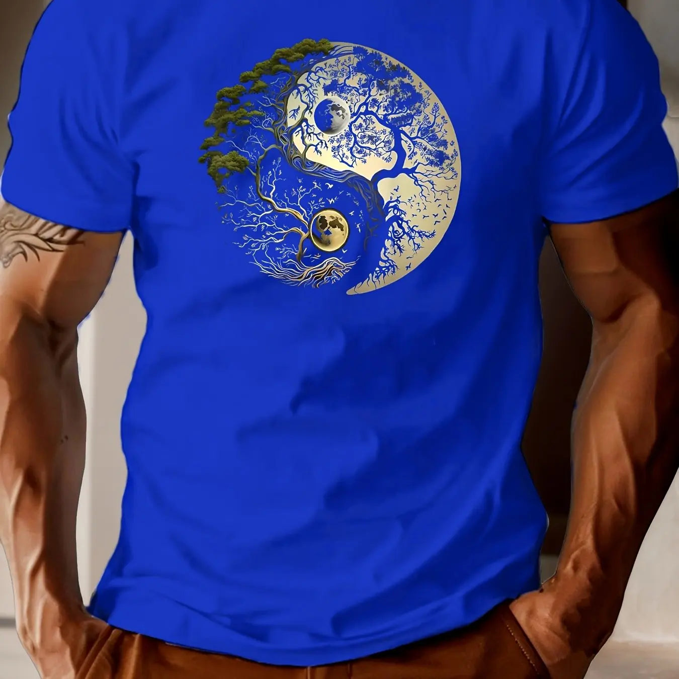 T-Shirt Homme 100% Coton Yin-Yang - Col Rond Ample Sport Décontracté Été