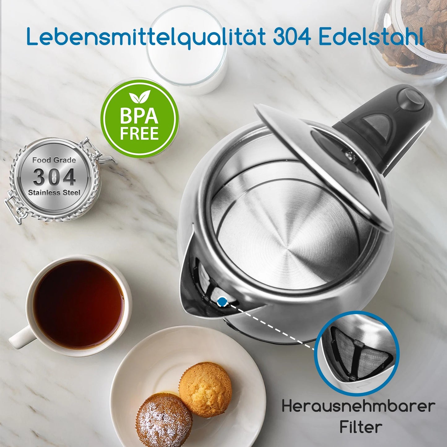 Aigostar King - Bouilloire électrique en acier inoxydable, bouilloire électrique avec éclairage LED, 1,7 L, 2200 W, bouilloire électrique sans BPA, Remo