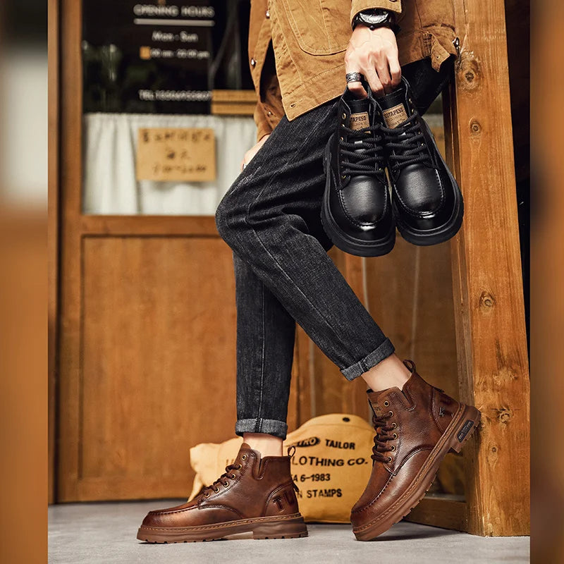 Bottes de moto d'hiver homme rétro marron bottes confortables en cuir bottines hommes haut Biker chaussures hommes botines para hombre