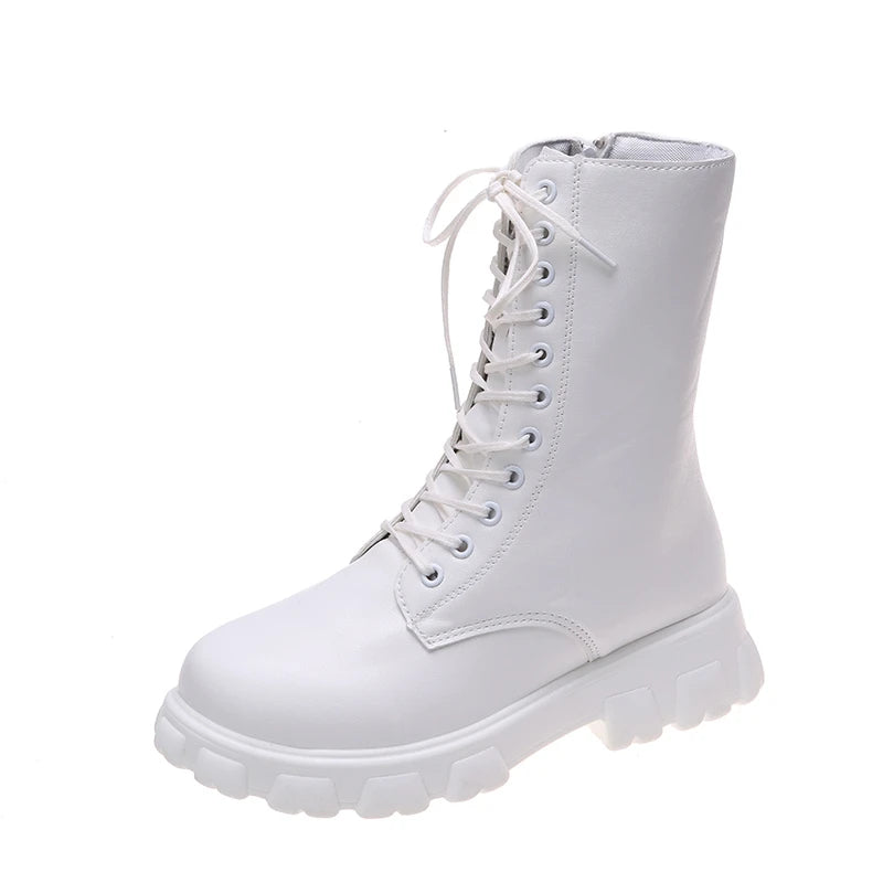 Bottes à plateforme en cuir PU pour femmes, bottes de rinçage blanches, bottes de moto pour femmes, talons épais, automne, hiver, 2022